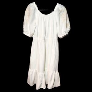 Boho White Embroidered Puff Sleeve 
Midi Prairie Dress Gauze Feminine Medium